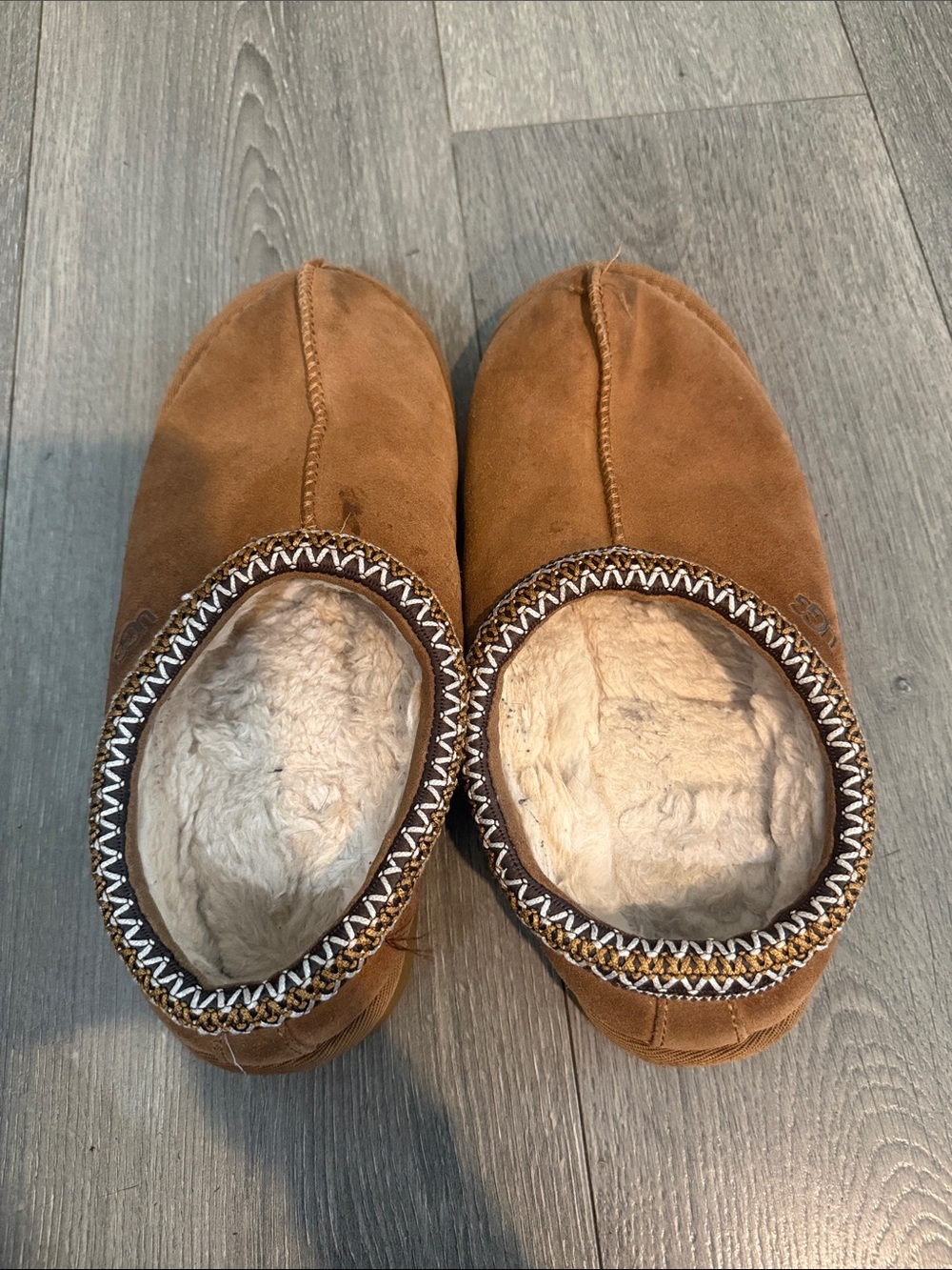 UGG Chestnut Brown Suede Moccasin Slippers with Cream Sherpa